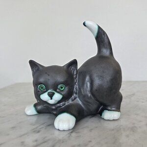 Vintage Ceramic Grey & White Cat Figurine with Green Eyes